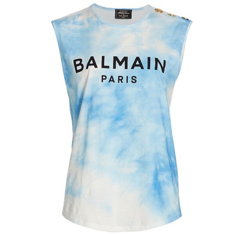 BNWT Balmain Blue Tye Dye Cap Sleeve Shirt